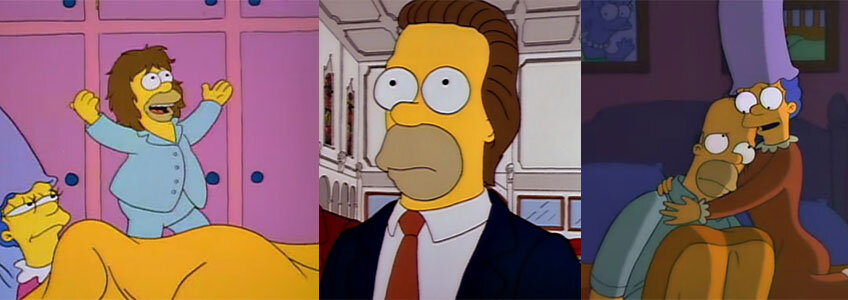 
Гомер — лысый, глупый, толстый неудачник по жизни. Но в эпизоде "Симпсоны и Далила" все меняется: благодаря средству "Димоксинил", цена которого похожа на номер телефона, у Гомера отрастает шевелюра, и теперь он — король жизни. Бернс дает повышение, люди прислушиваются к его мнению, а Мардж любит как никогда и прощает вообще все.
