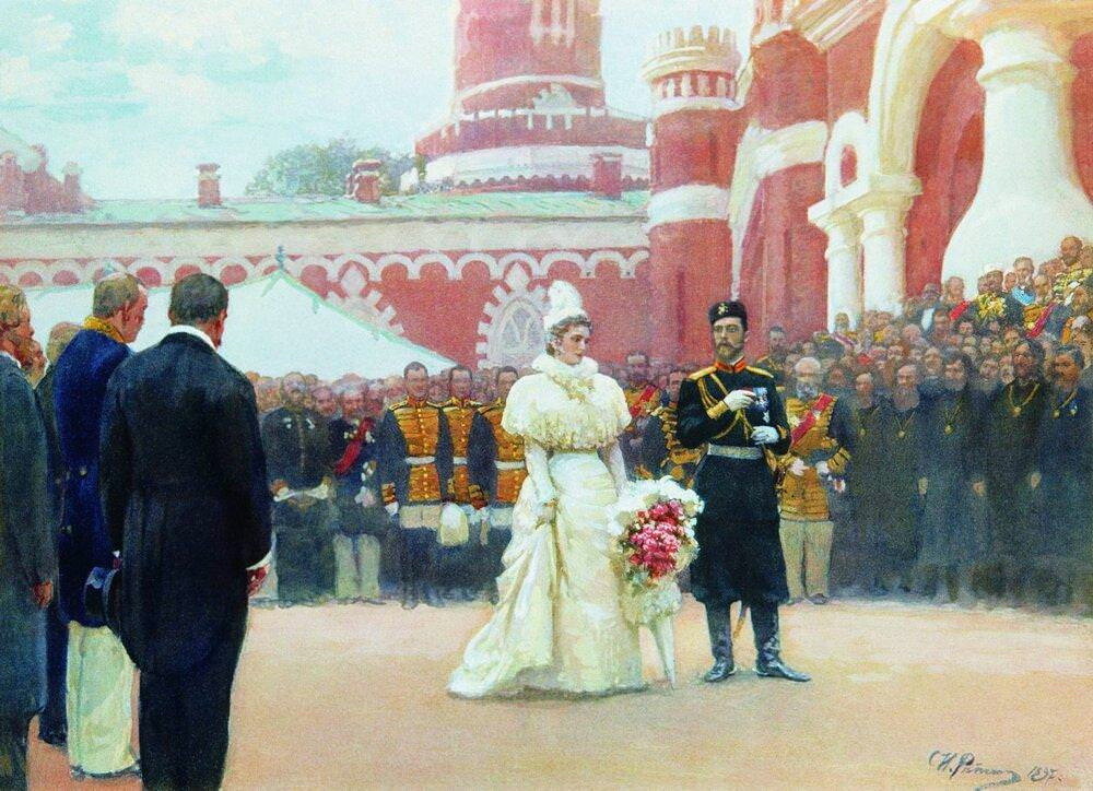 Илья Репин "Речь Его императорского Величества 18 мая 1896 года". Примерно так выглядел и злополучный прием в Зимнем дворце четырьмя месяцами ранее, на царе такая же барашковая шапка  