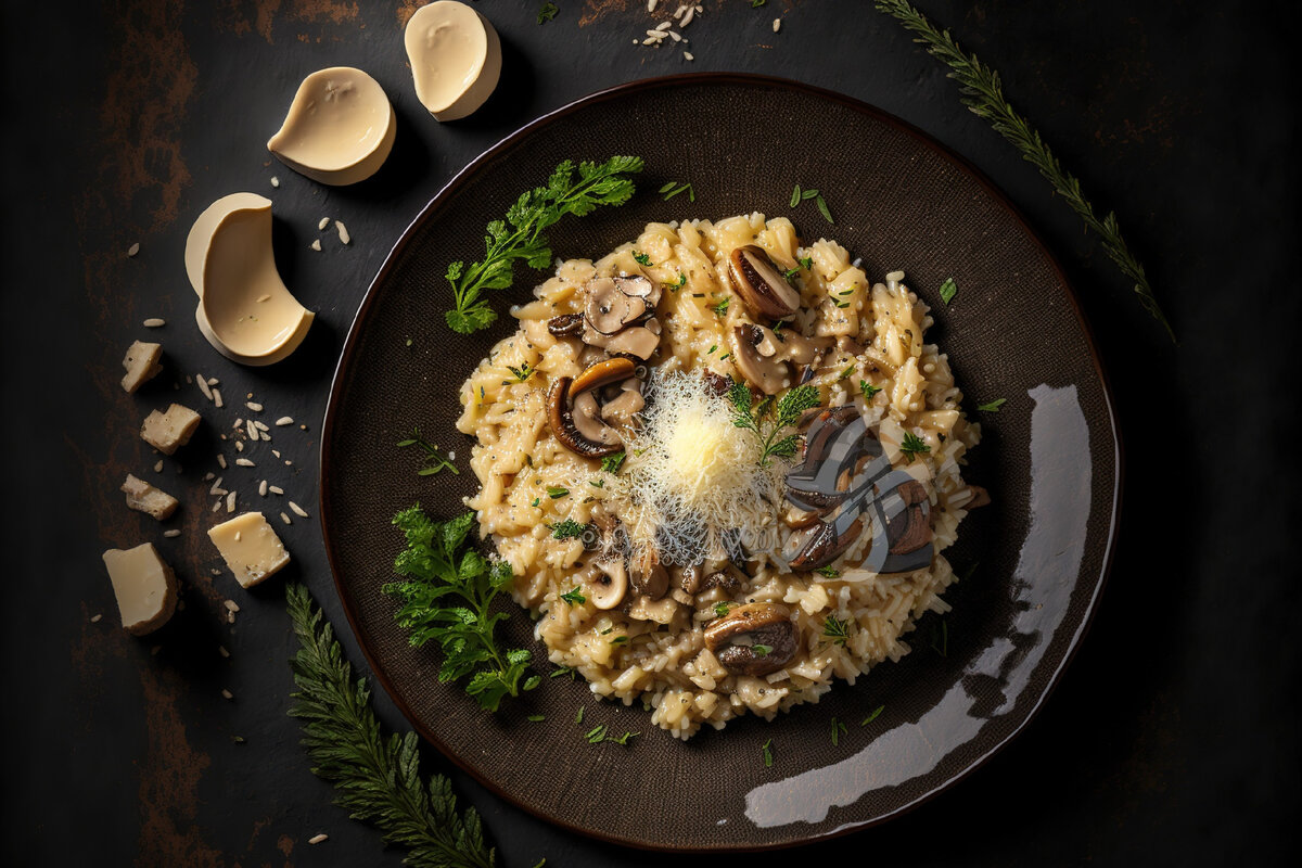 Грибное ризотто с трюфельным маслом — это изысканное блюдо, которое сочетает в себе богатый вкус грибов, нежность риса и утонченную нотку трюфельного масла.-3