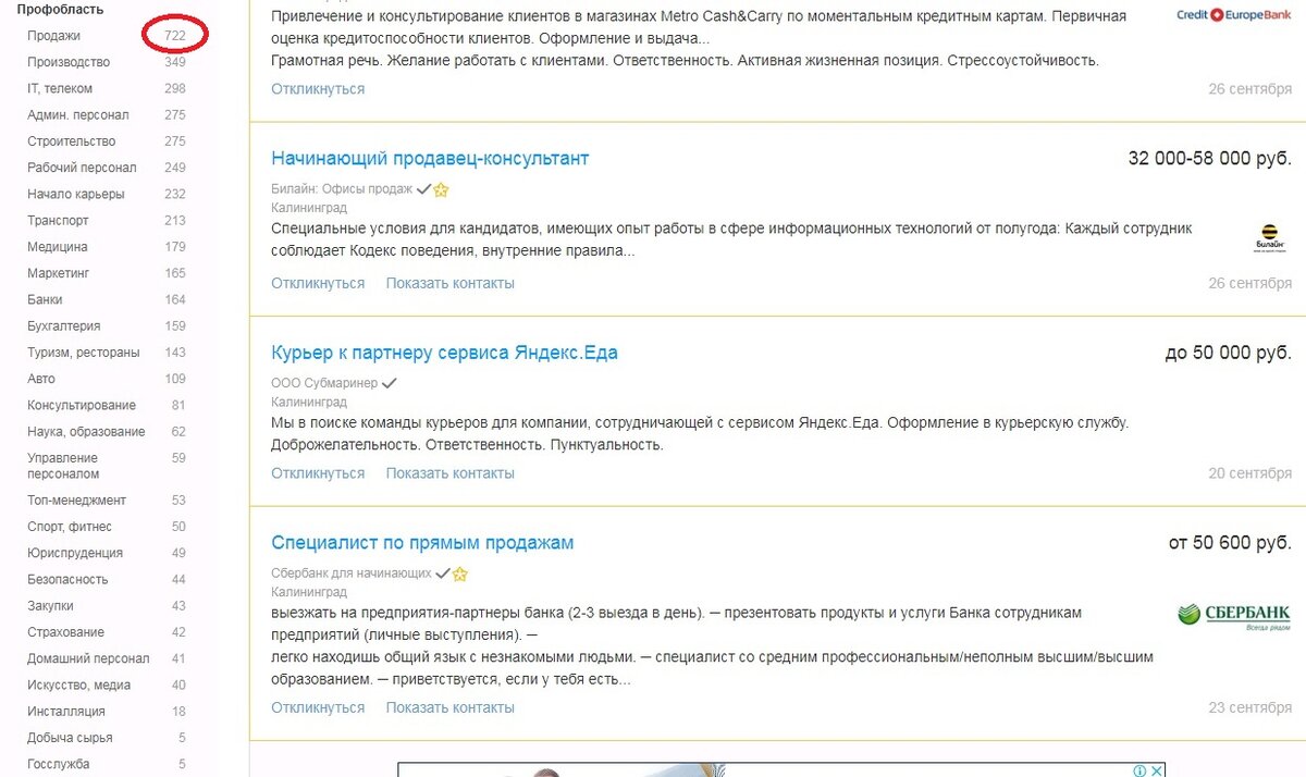 Как видите, в Калининграде вакансий в сфере продаж больше всего.