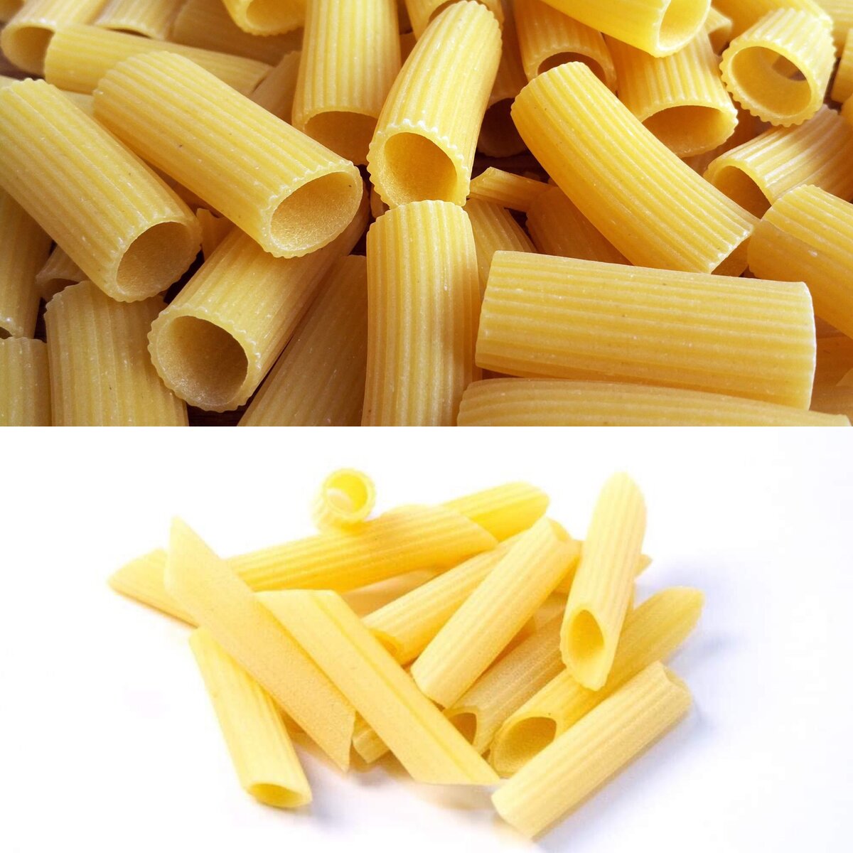 Фото: Wiki + Piano Piano (вверху – ригатони, внизу – penne rigate, то бишь "пенне в полосочку", с бороздками)