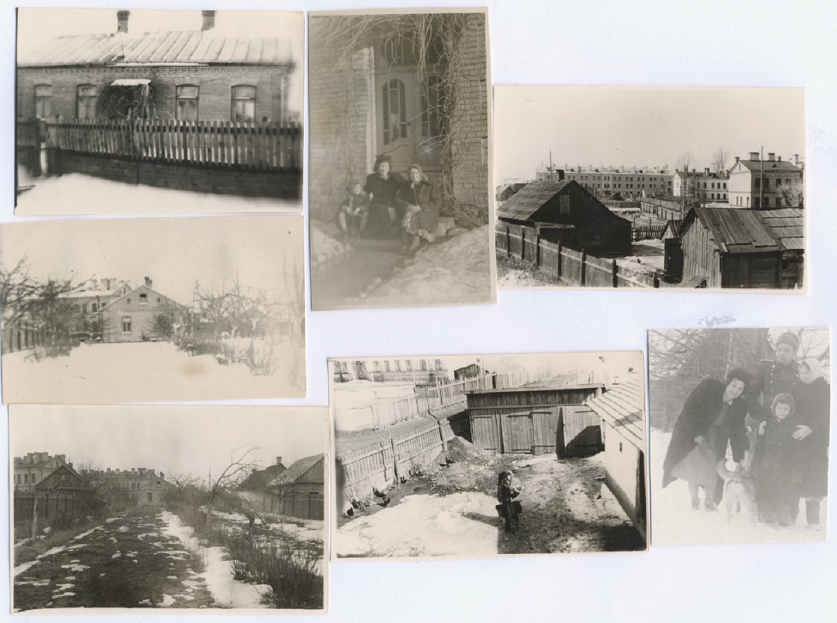 Дом,  в котором мы жили - ул. Водопроводная 10. Я , мама и бабушка сидим на крыльце. Двор, мама несет дрова . Вдалеке из сада виден наш дом. Мы, Мама , отец , я и бабушка и  собака, стоим в саду.  Вид на военный городок с чердака дома.  