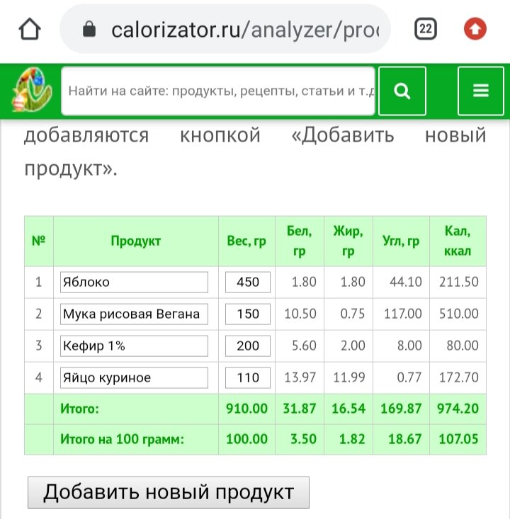 расчет калорийности яблочного пирога на сайте калоризатор. все просто.
