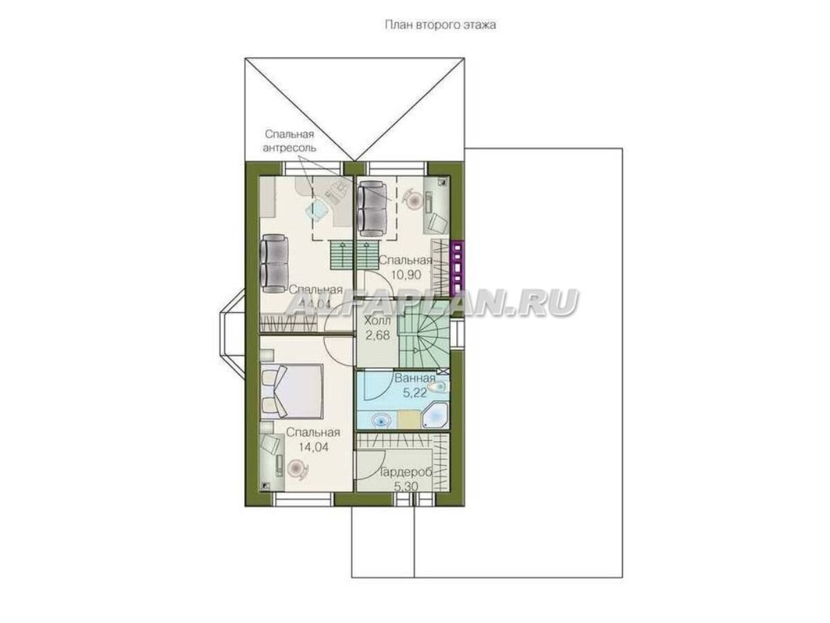 Планировка дома по проекту "Премьера" 79а
На 2 этаже - 3 спальни (одна из них с гардеробной) и ванная комната. Интересно решение смежных спален: они оснащены антресолями с дополнительными спальными местами, которые оценят жители большой семьи.