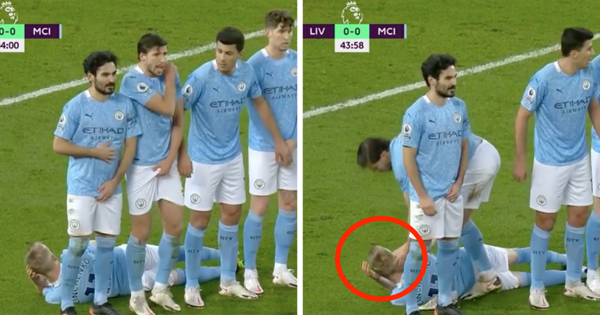 Александр Зинченко лежит позади стенки Манчестер Сити