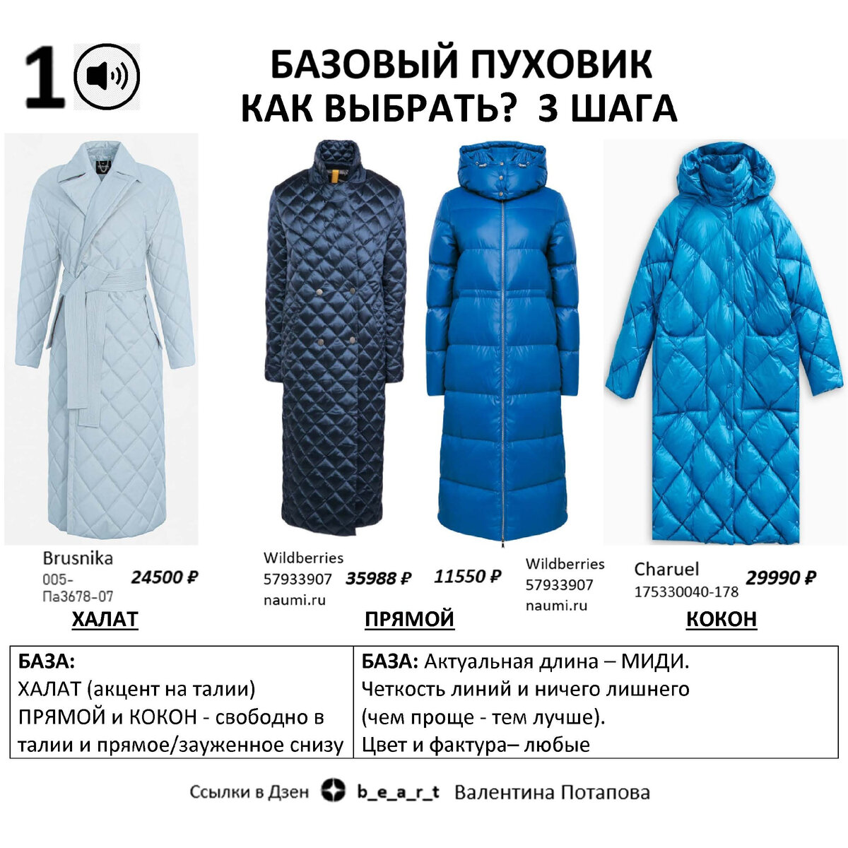 1 шаг: Выбираем фасон: - ХАЛАТ (акцент на талии) - ПРЯМОЙ и КОКОН - свободно в талии и прямое/зауженное снизу
Пуховик 2 подборка:
- Brusnika 005-Па3678-15.1
- Wildberries 57933907 naumi.ru
- Snowqueen 597125003
- Charuel 175330040-178 / OZON 715191621 или  715191611