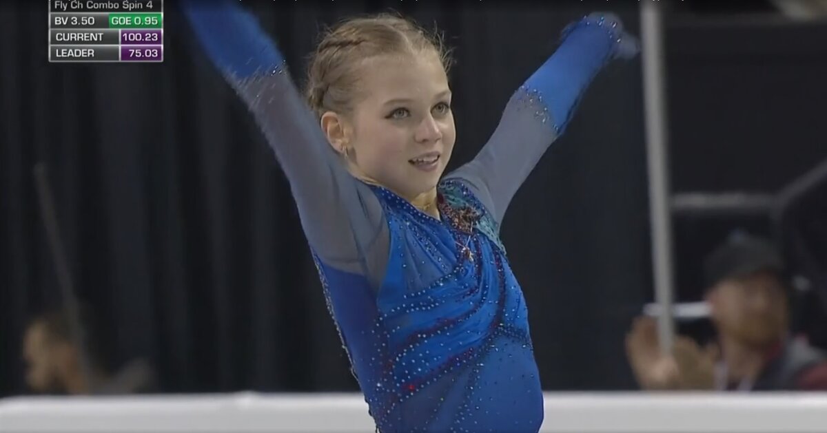 Александра Трусова выиграла Skate Canada с мировым рекордом! На этом скриншоте видна её оценка за технику 100.23, в то время как ближайший преследователь 75.03. 
Скриншот сделан из видео: https://www.1tv.ru/sport/gran-pri-po-figurnomu-kataniyu-2019-20/vystupleniya/aleksandra-trusova-vyigrala-skate-canada-s-mirovym-rekordom-proizvolnaya-programma-zhenshiny-skate-canada-gran-pri-po-figurnomu-kataniyu-2019-20