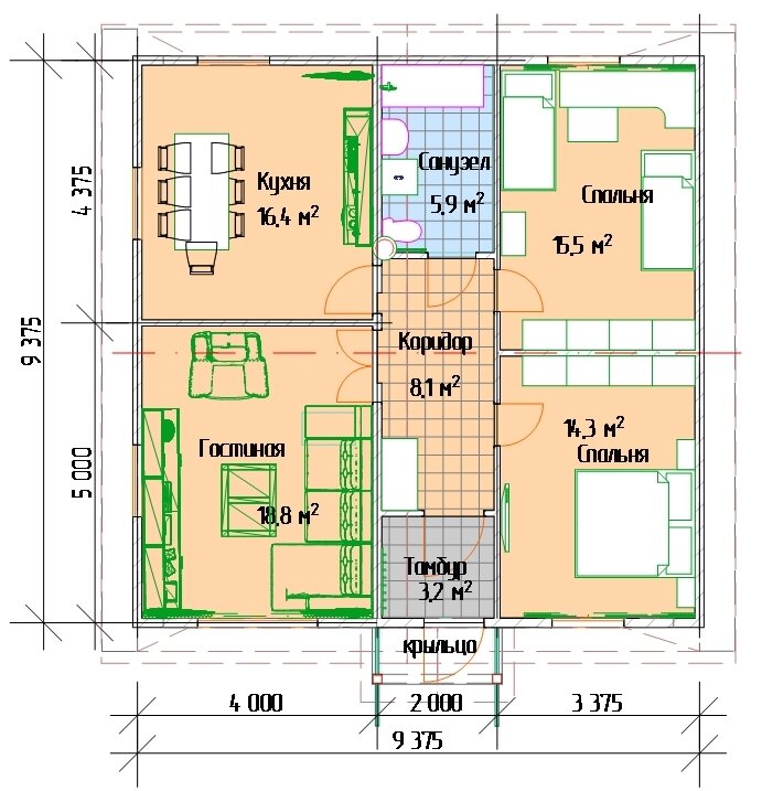 Дома до 100 кв.м. Одноэтажный дом 9 х 9 м. из СИП-панелей, общей площадью 76 кв.м. ??