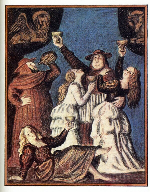 "Декамерон" Дж. Боккаччо. Иллюстрация  худ. Ю. Гершковича.