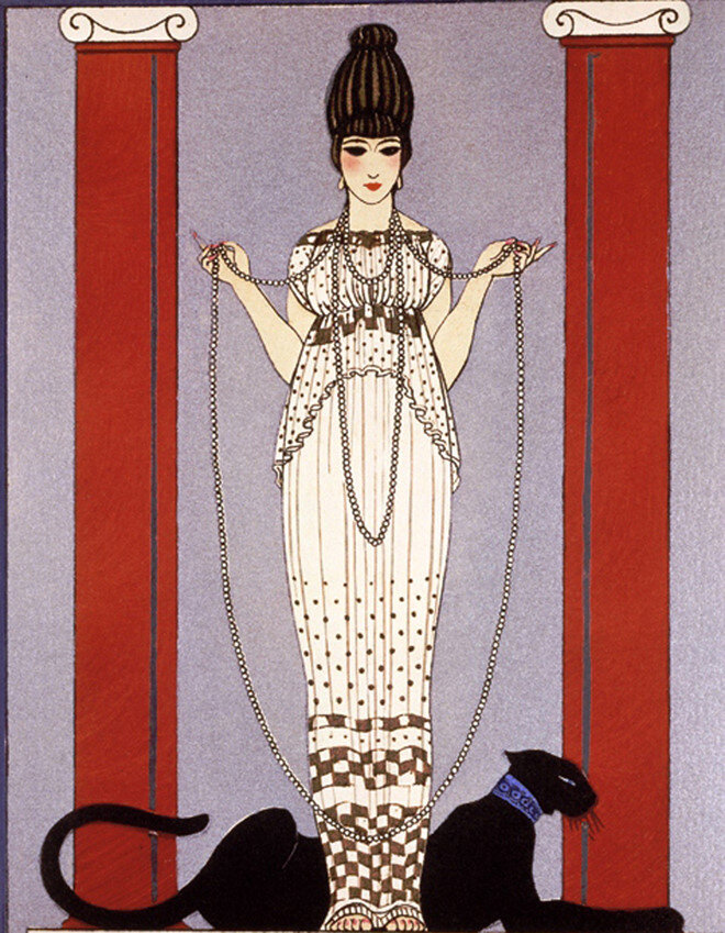 Жорж Барбье  "Дама с пантерой", 1914 ,  бумага, техника пошуар.  Архивы Фонда Cartier, официальный сайт - www.cartier.com  