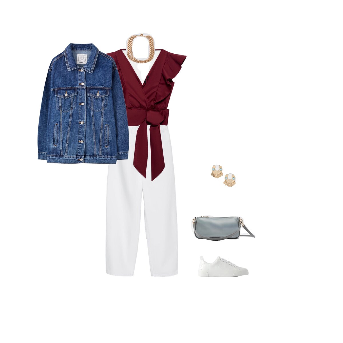 Джинсовка: 2 599 Pull&bear, Топ: 2 299 Lime, Джинсы: 2 999 Zara, Цепочка: 1 299 Zara, Серьги: 799 H&M, Сумка: 1 999 Zara, Кеды: 1 999 Zara