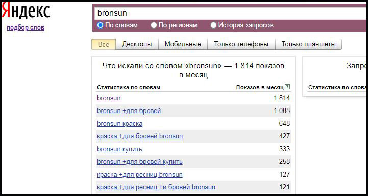 скриншот с  https://wordstat.yandex.ru/#!/?words=bronsun