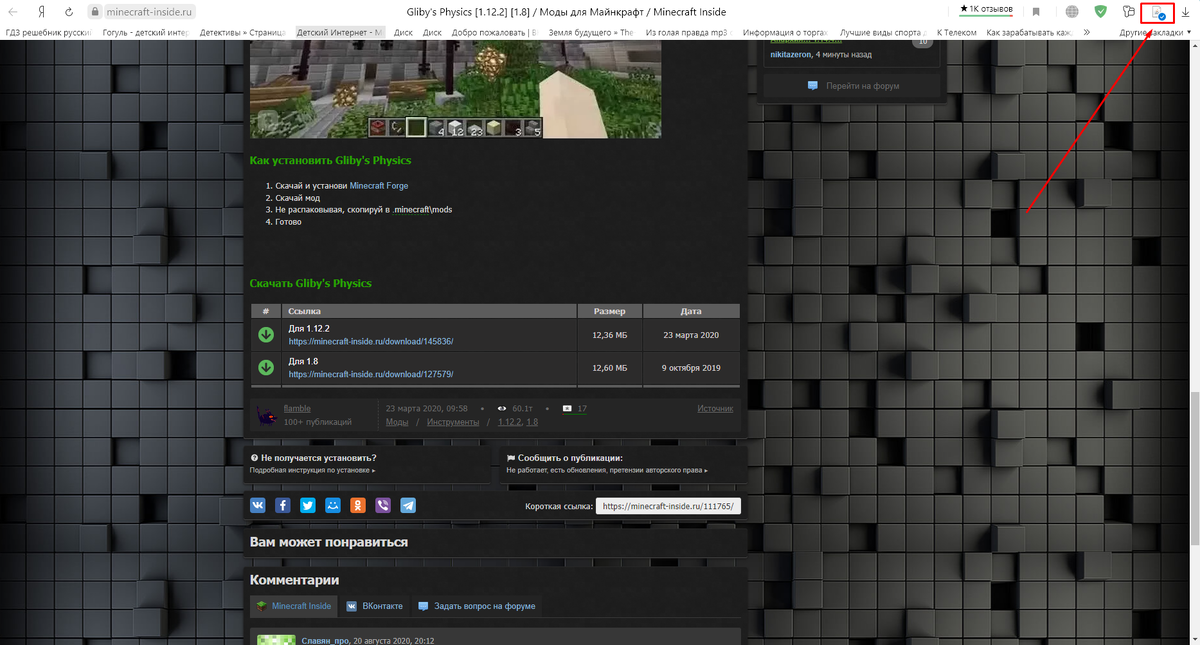 Скриншот для понятия процесса скачивания мода Minecraft.
