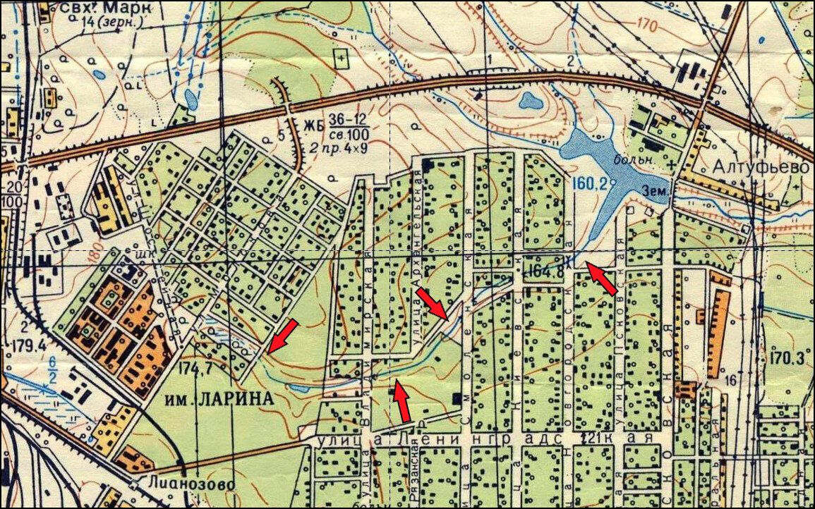 Лианозовский ручей на карте Москвы 1968-го года (до заключения под землю)