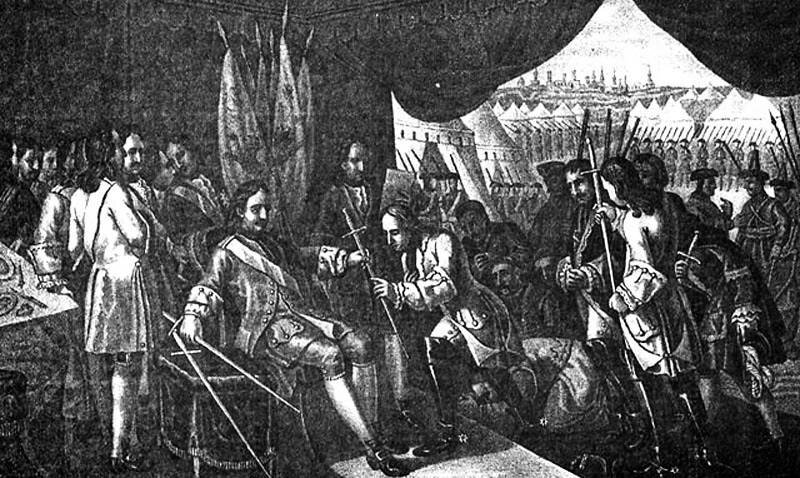 Чориков Б. А. Пленные шведские генералы отдают свои шпаги Петру Великому после сражения у Полтавы