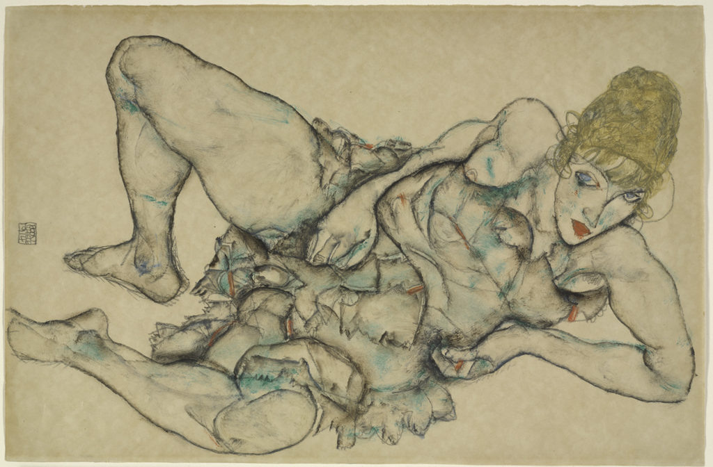 Egon Schiele, Liegende Frau mit blondm Haar (Lying woman with blonde hair), 1914. Transparent and matte watercolor over graphite on paper. Baltimore Museum of Art, Fanny B. Talgheimer Memorial Foundation and Friends of Art Foundation. Photo: Mitro Hood.
