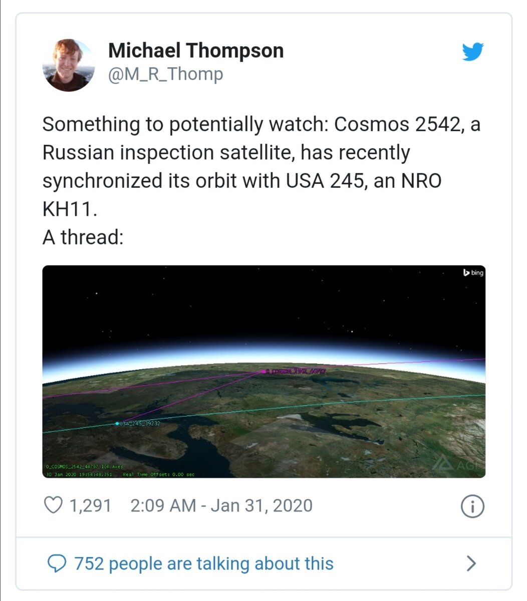 Кое-что для потенциального отслеживания: Космос 2542, российский спутник-шпион вышел на орбиту американского NRO KH11. 
