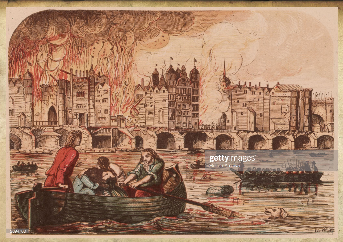 Люди бегут на лодках по реке Темзе, чтобы спастись от Великого лондонского пожара. Фото взято из интернета.