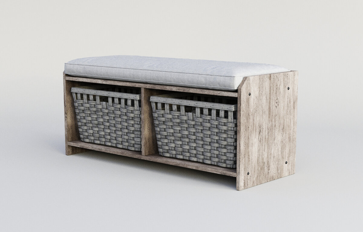 Банкетка из дерева, с корзинами.