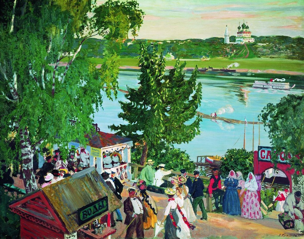 Б.М.Кустодиев. Гуляние на Волге. 1909 год. Костромской художественный музей.