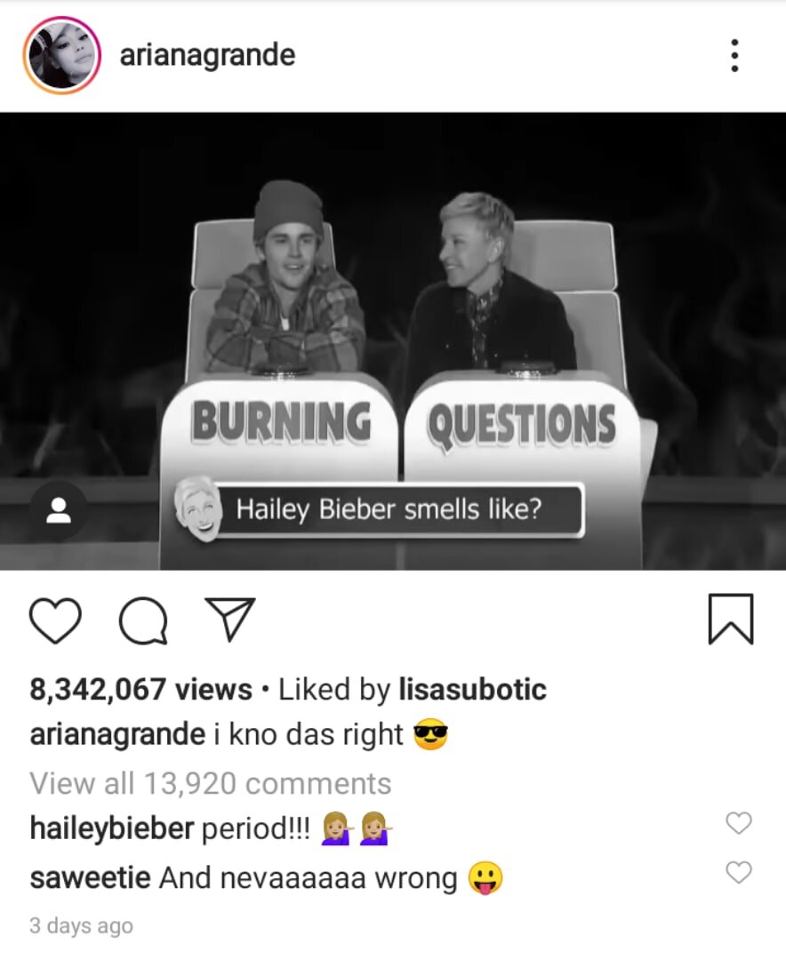 Подпись поста в инстаграмме Арианы Гранде. 