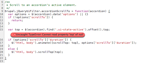 Пример ошибки. Uncaught TypeError: Cannot read property 'top' of undefined