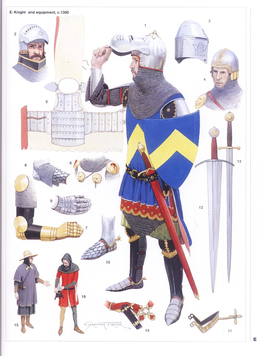 Отлично снаряженный рыцарь времен Пуатье. Корпус закрыт крупнопластинчатой бригантиной, уже появились латные перчатки, а забрала принимают более продвинутую форму. Обратите внимание: точно также был одет Черный Принц. Однако мелкие рыцари были защищены хуже.