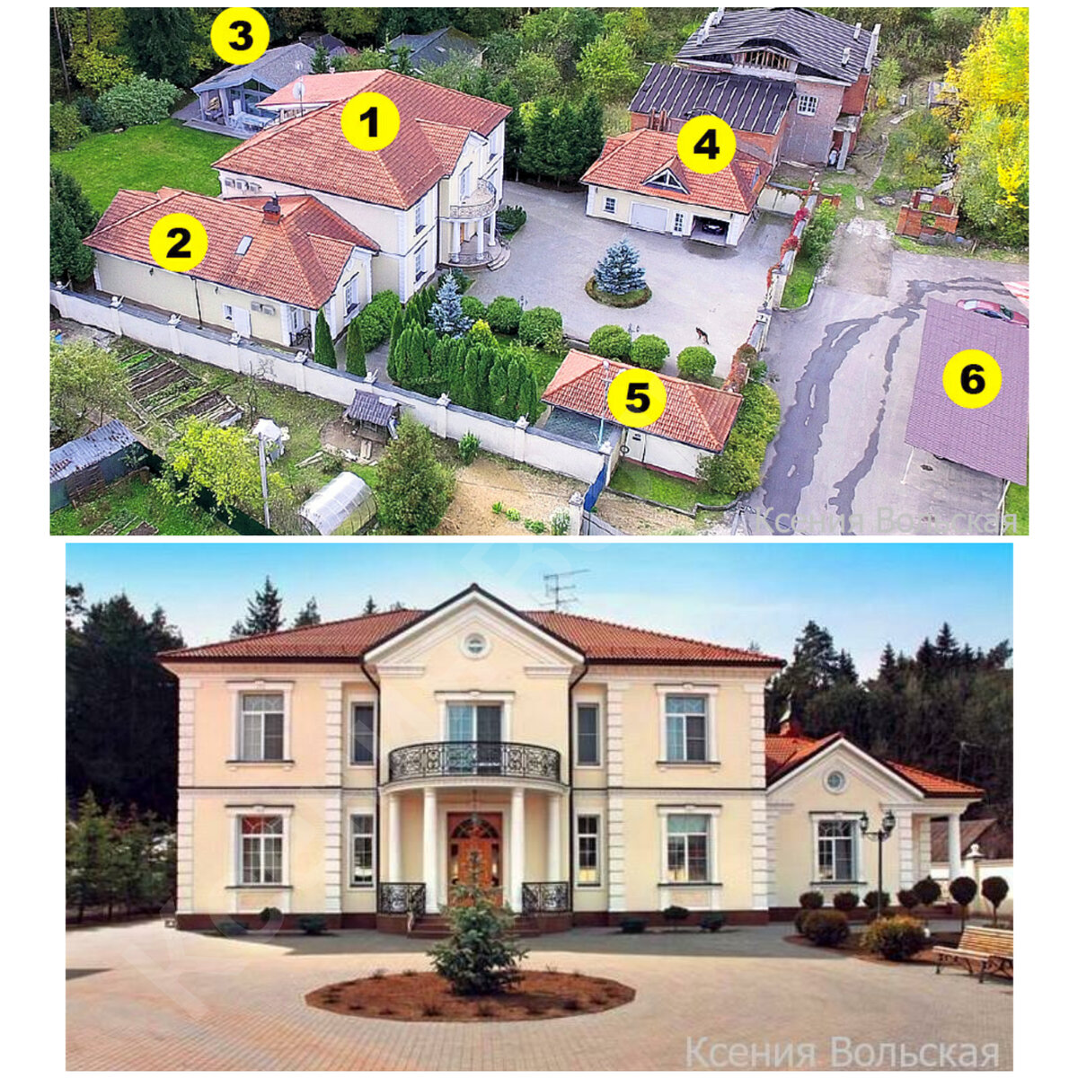 1 -дом артиста, 2- бассейн с сауной, 3 - терраса с мангалом, 4 - гараж с мойкой, 5- дом для обслуживающего персонала, 6- парковка для гостей певца.