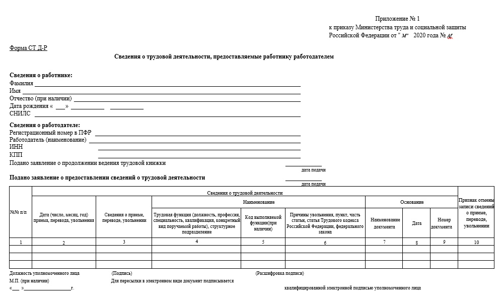 Пл нительный р форма объед нение. Форма СТД-Р. СТДР-Р образец форма. СТД-Р сведения о трудовой деятельности форма.