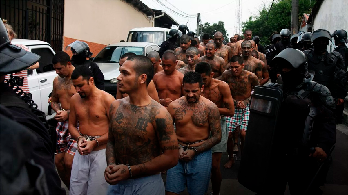 Члены банды MS-13, ведомые конвоем силовиков