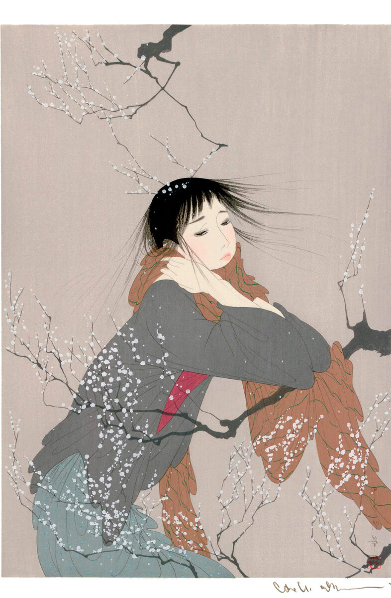 Накадзима Киеси (中島 潔) стали называть "художник ветра" благодаря его знаменитой серии гравюр на дереве, каждая из которых изображает печально-задумчивую девушку, обвеваемую ветерком.-2
