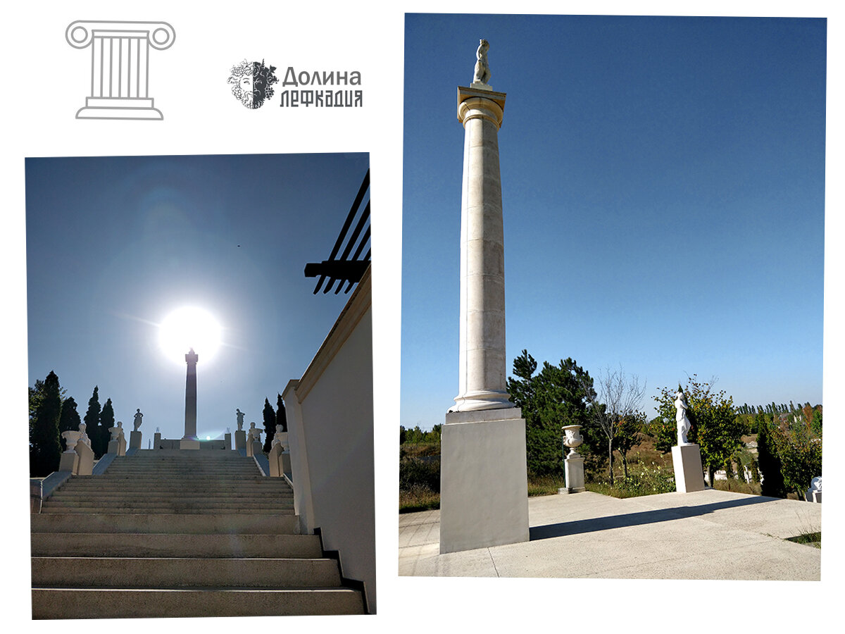 Выше ведёт длинная лестница, напичканная очередными античными персонажами со смотровой площадкой наверху и здоровой колонной. Там же строится «Храм Гермеса» представляющий пока унылый куб, сложенный из блоков.