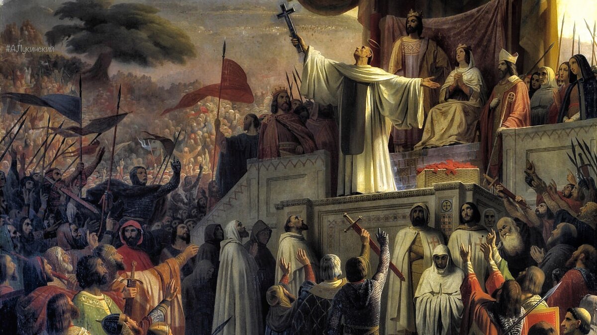 Король и королева Франции (вверху) на присяге крестоносцев в Париже (увеличь)