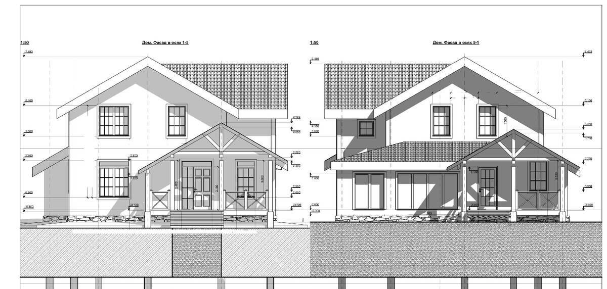 Проектные главный и задний фасады дома. Источник изображения: канал "Строим мечту" (https://zen.yandex.ru/id/5da453fb5eb26800b1d2b5e9), Яндекс Дзен.