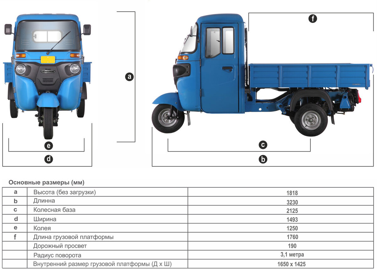 Размеры трицикла BAJAJ Maxima. (Данные с ewmotors.ru)
