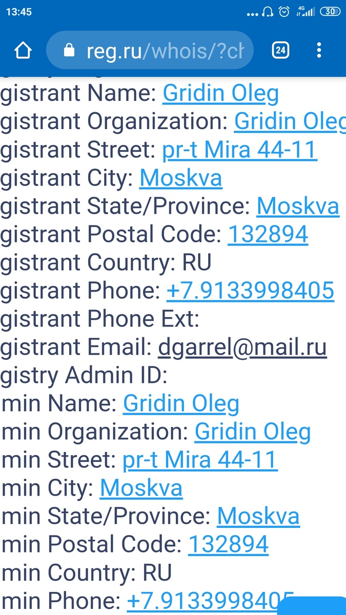 Скрин инфы о домене