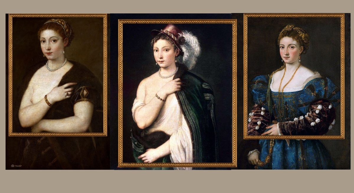 Слева направо: "Девушка в меховой накидке", Вена, "Портрет молодой женщины в шляпе с пером", Эрмитаж, "Ла Белла", Палатинская галерея, Флоренция