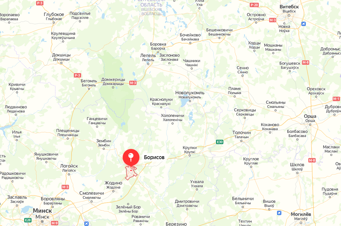 Яндекс карты: расположение города Борисов относительно Минска и Витебска, Белоруссия