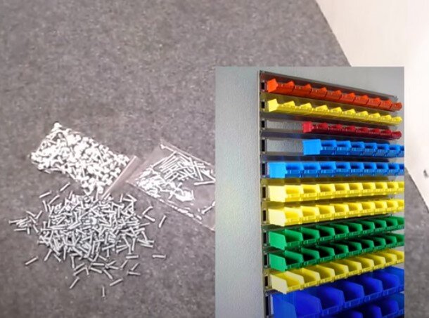 Когда у меня в мастерской стоял подобный стеллаж, каждый день я мучился, выдвигая все ящички по очереди в поисках нужных саморезов, которые лежали среди опилок и строительной пыли. 