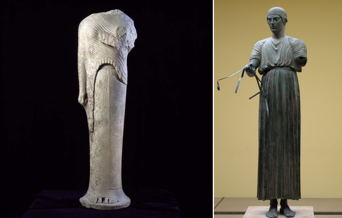 Слева - статуя Коры, остров Самос, ок. 570-560 г. до н.э., справа - Возничий, Дельфы, ок. 478 г. до н.э. (сс) wikimedia Commons