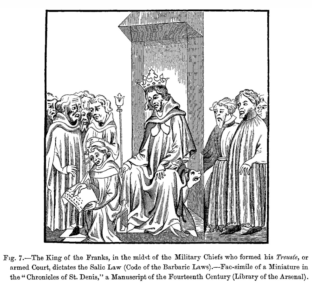 Король франков дарует народу Салический закон. Французская миниатюра XIV в. 