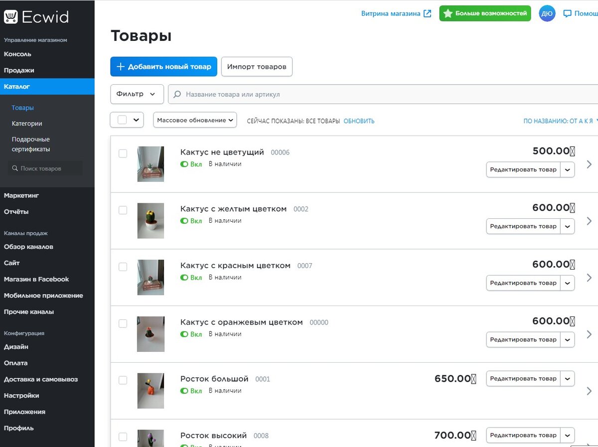 Панель управления магазином (список товаров)