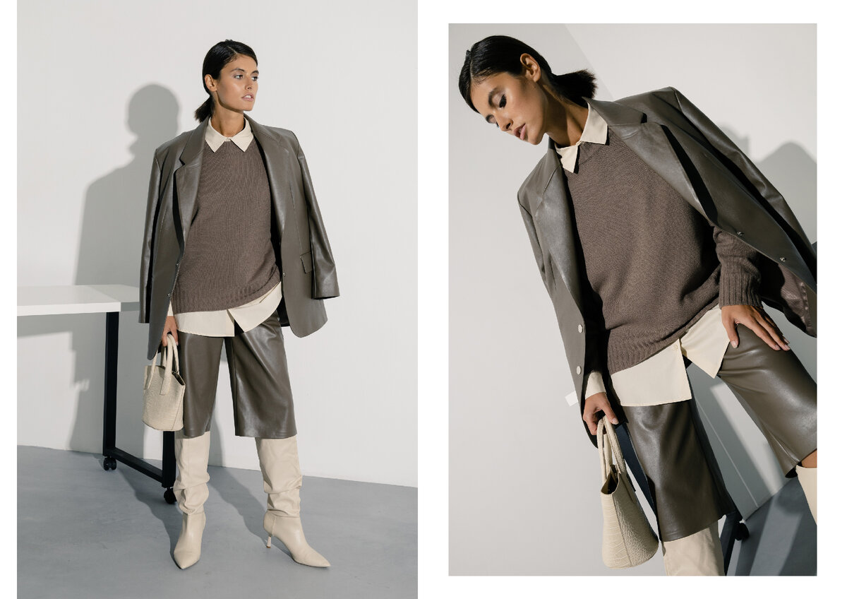 Жакет из экокожи ML630/bofula, Шорты из экокожи P007/bofula, Рубашка прямого кроя B2677/awake, Сумка с тиснением из экокожи C033/godem