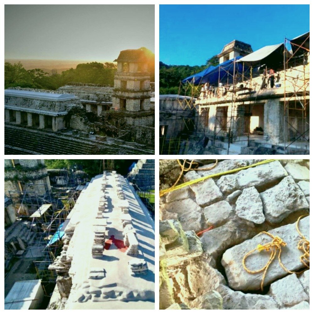 В Паленке ведутся реставрационные работы. Верхнее левое фото: дворец Паленке, Верхнее правое фото: команда археологов работает над фризами в доме С. На правом фото внизу четко видны остатки красного пигмента на крыше дворца. Правое нижнее фото: Камень, закрывающий вход в туннель для доступа на крышу дома D дворца Паленке. (Haydeé Orea / INAH)