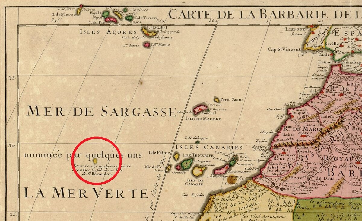 Карта северо-восточной Африки 1707 года, на которой к западу от Канарских островов виден остров Святого Брендана