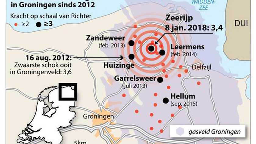 Карта землетрясений в провинции Гронинген с 2012 года. https://www.telegraaf.nl/
