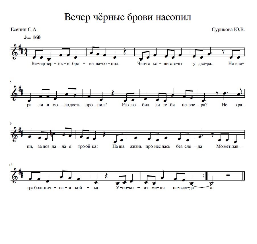 Ноты мелодии к стихотворению Сергея Есенина "Вечер чёрные брови насопил" 