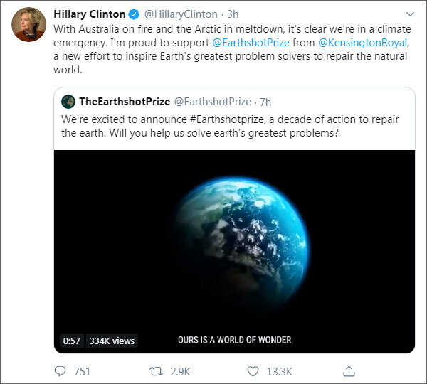 «Австралия в огне и таяние ледников Арктики ясно показывают, что у нас чрезвычайная ситуация в отношении климата. Я горжусь тем, что поддерживаю Earthshot Prize — новый проект Кенсингтонского дворца, который должен вдохновить величайших людей, решающих проблемы Земли, на восстановление природы». Из твиттера Хиллари Клинтон (https://twitter.com/HillaryClinton)
