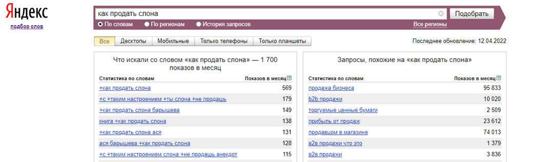Поиск ключевых запросов через сервис Wordstat (Яндекс Подбор слов).