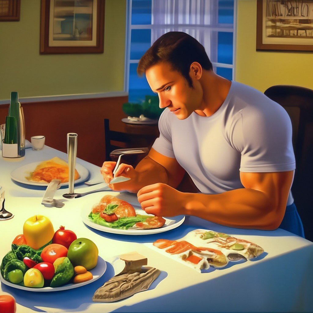 Человек, сидящий за столом, смотрит на продукты и подсчитывает калории. Это напоминает о том, что правильное питание и контроль над потребляемыми калориями являются важными аспектами похудения.